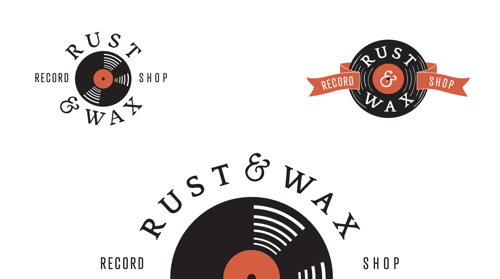 Rust & Wax illustrative record logo design explorations featuring type curving around, as well as inside of the record.