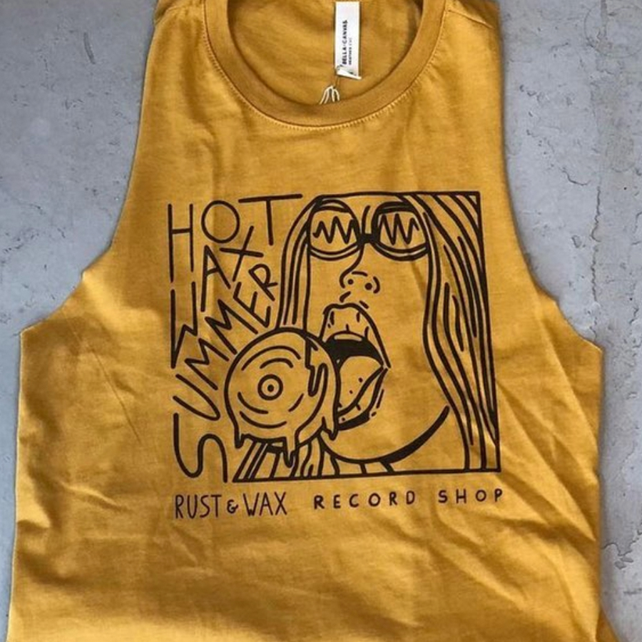 Illustration of a woman licking a lollipop that resembles a record with handlettered text saying "Hot Wax Summer" on tank top created for Rust & Wax record shop merchandise.
