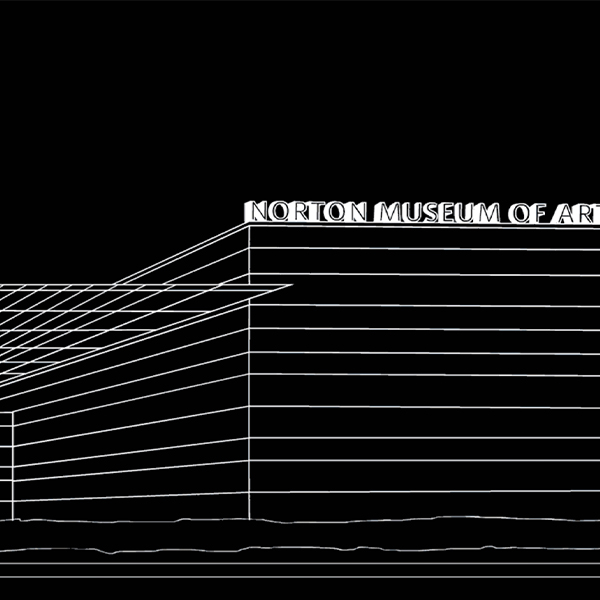 Line work illustration of the Norton Museum of Art building with a black background and white type.