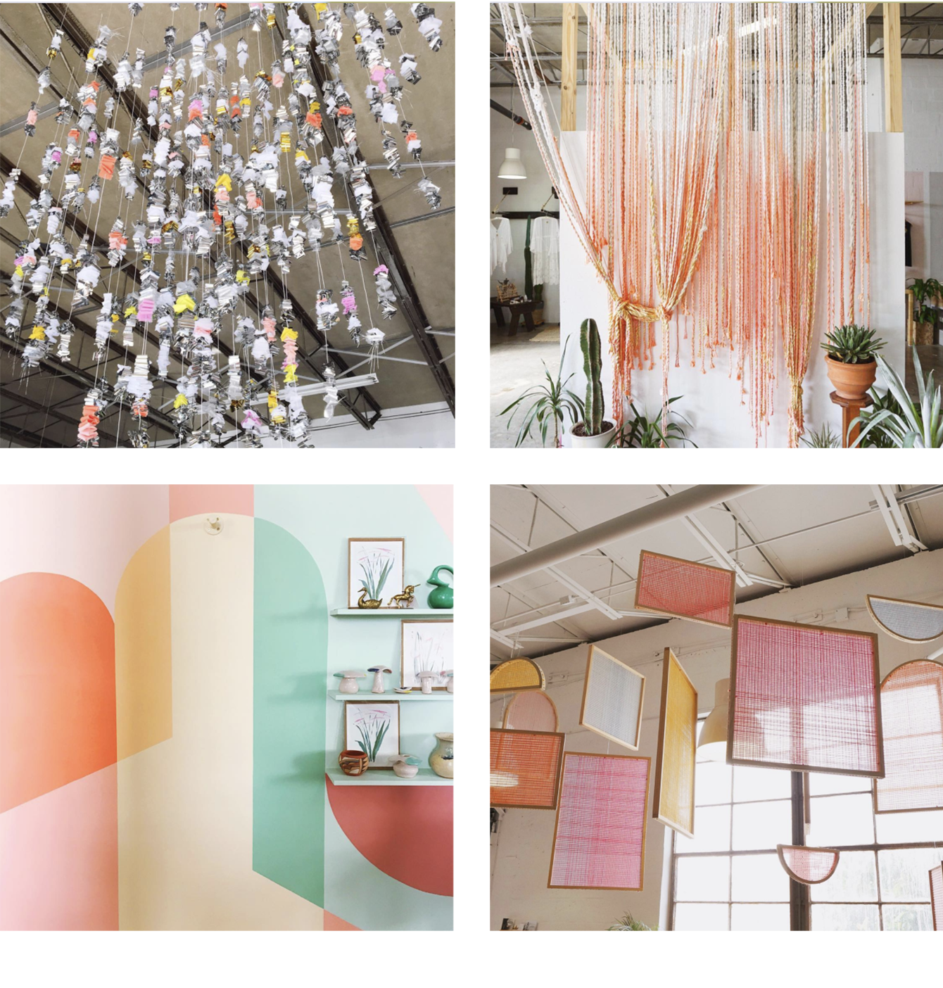 Installations created in collaboration with Hayley Sheldon include a shiny silver & warm pastel colored ceiling hanging, a coral & gold rope backdrop, a colorful mural design with shelving and hook to show retail product, and hanging woven frames.