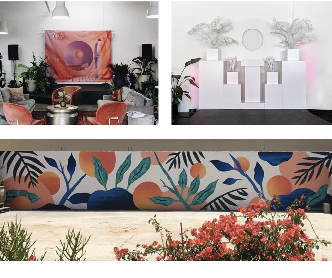 Stage backdrop and installation created in collaboration with Melissa Deckert, as well as a colorful and abstract botanical mural design in the courtyard of Elizabeth Ave Station.
