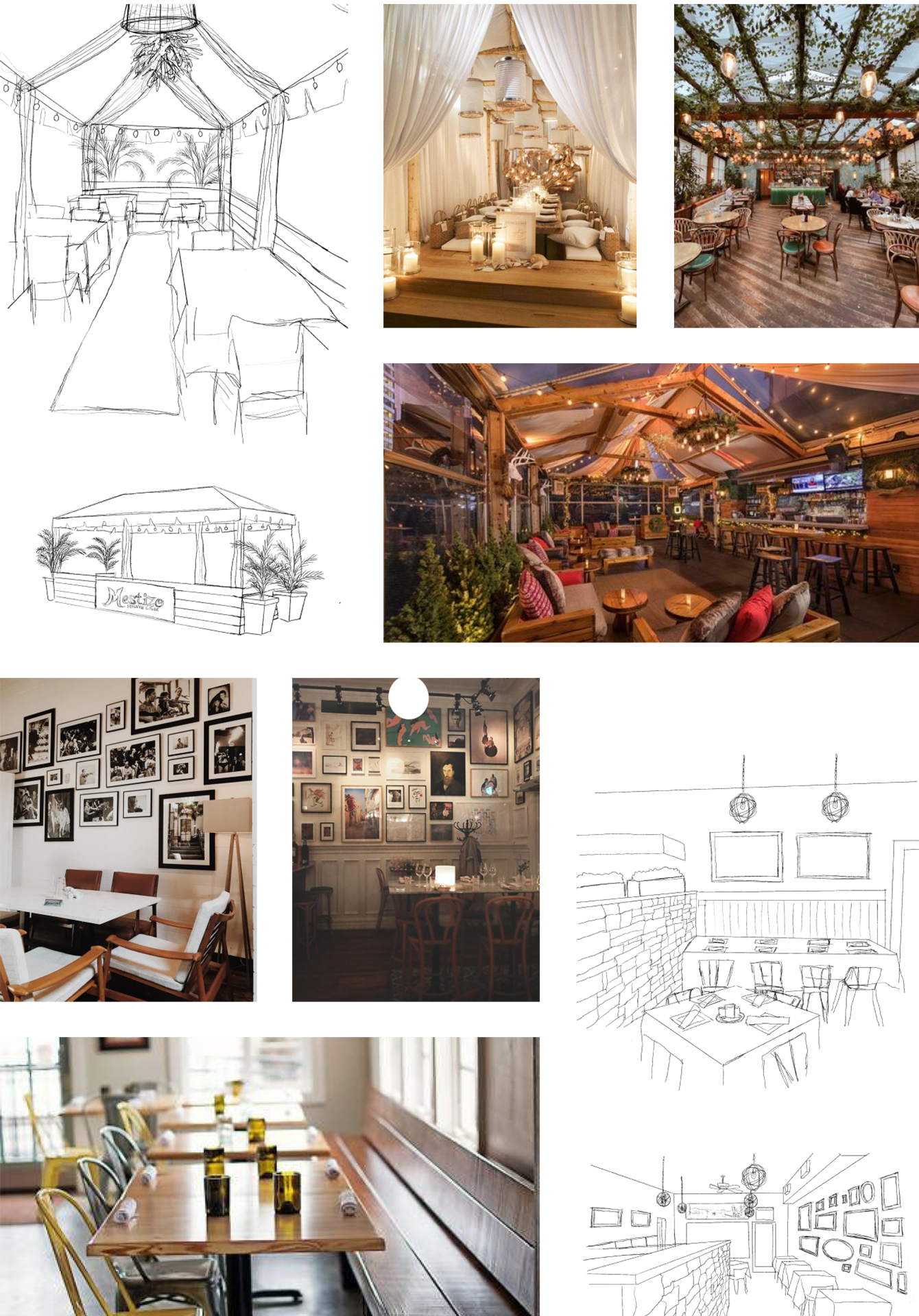 Rough concept sketches & inspiration mood board for Mesitizo Peruvian Cuisine patio tent & restaurant interior, showing off siding, plants, lighting & curtain additions, gallery wall references, & seating options to create a more inviting atmosphere.