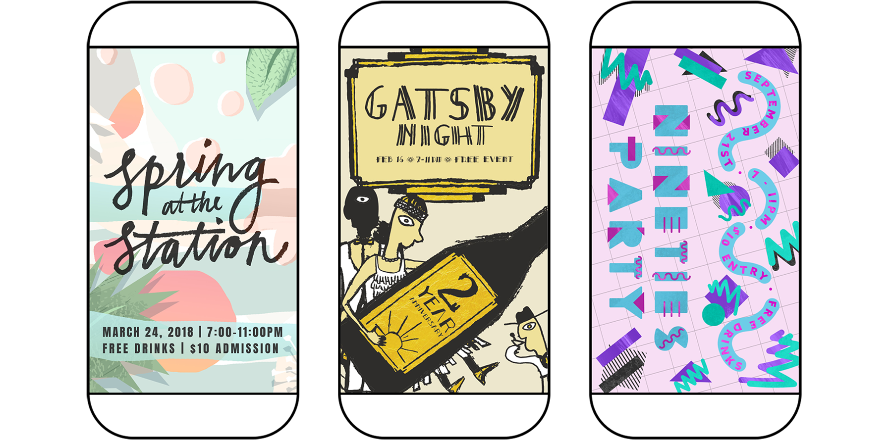 Animated event graphics for The Station. Hand lettering reads Spring at the Station, Gatsby Night, and Nineties Party with colorful organic abstract illustrations.