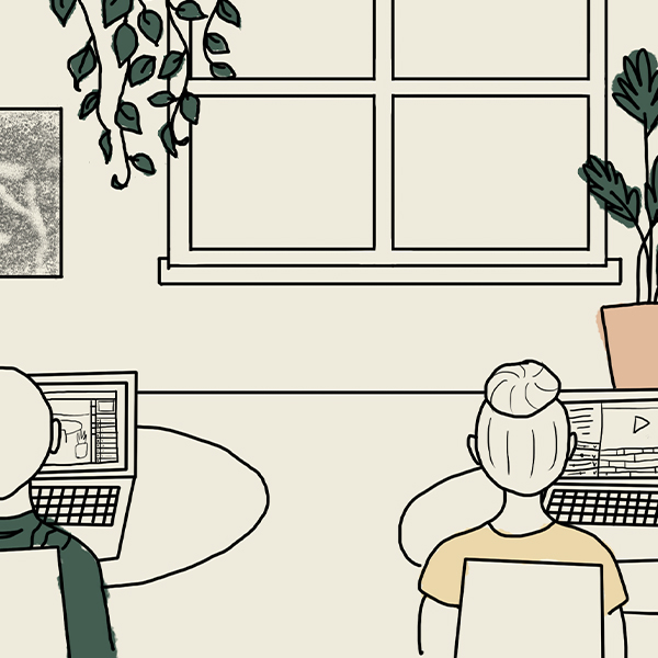 Simplistic linework illustration of two people working on laptops within the atmosphere of 1909, a co-working space in West Palm Beach. Plants and artwork, and small pops of color are sprinked throughout, against a yellow-cream background.