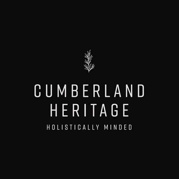 Logo design for Cumberland Heritage features condensed san serif type and an illustrated rosemary spring in white on a black background.