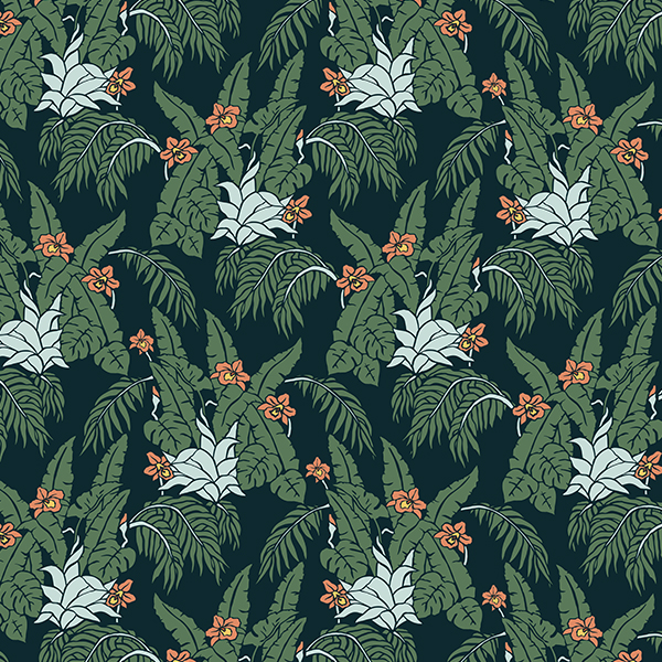Tropical pattern created for First Presbyterian Church, featuring a variety of palms and orchids in moody colors that include blues, greens, oranges and navy.