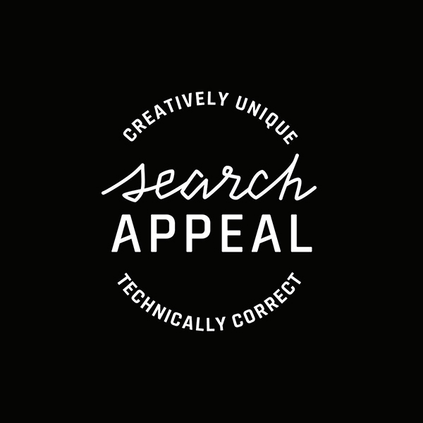 Logo design for Search Appeal features white script & san serif type centered with the tagline "creatively unique" above & "technically correct" below, on a black background.