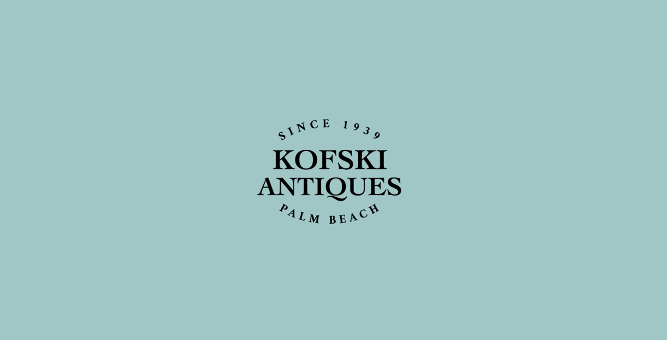 Logo design for Kofski Antiques in black with curved type on top and bottom that reads "Since 1939" and "Palm Beach", on a muted blue background.