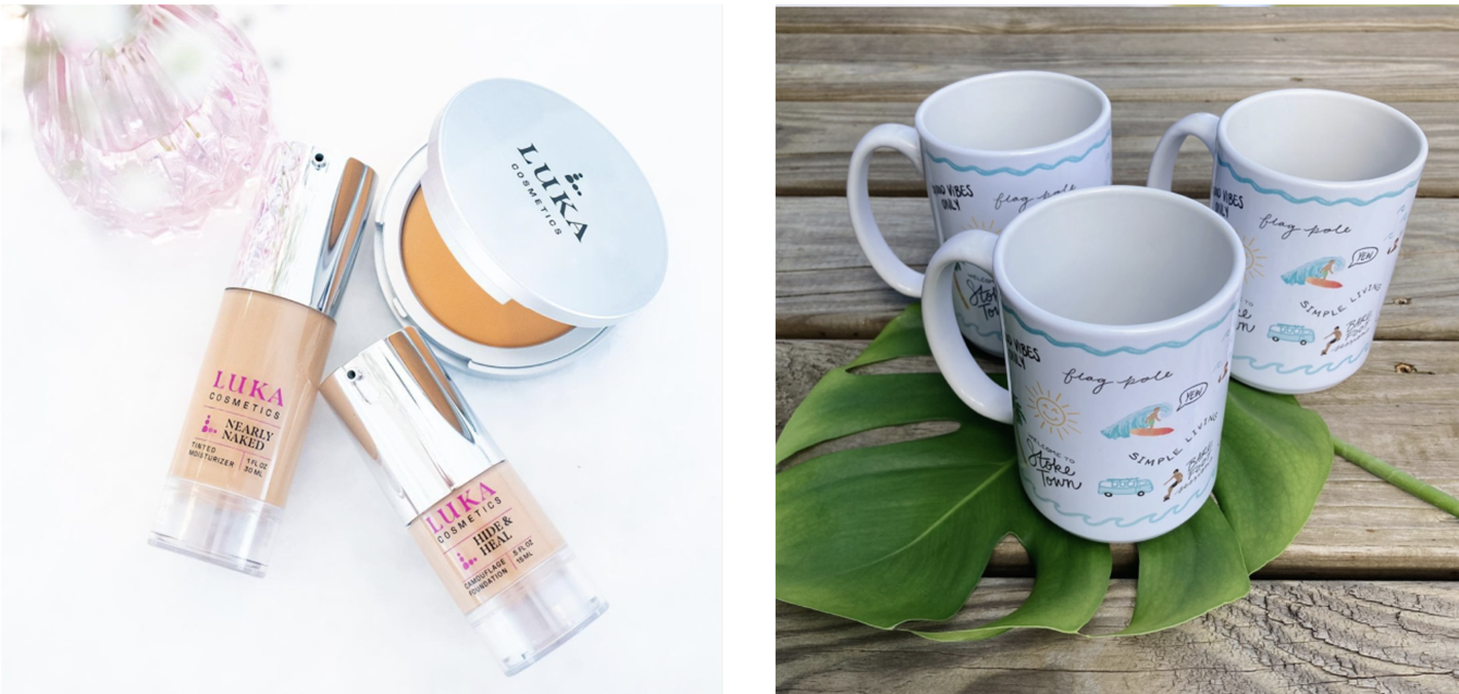 LUKA cosmetics product packaging for their beauty line, including Nearly Naked, Hide & Heal, and Pressed Powder compact. Gypsy Life Surf Shop mug merchandise design with custom surf-inspired illustrations.