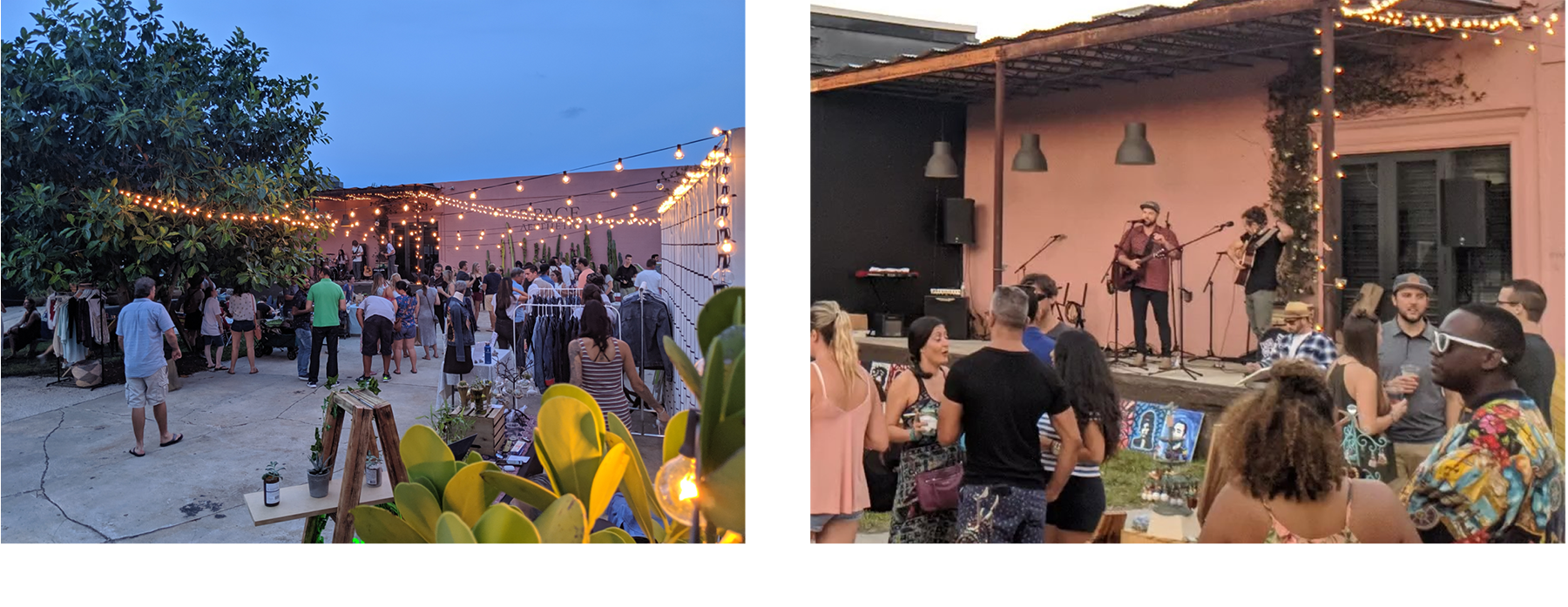 Two images of Elizabeth Ave Station's outdoor courtyard area during their music festivals and pop-up events.