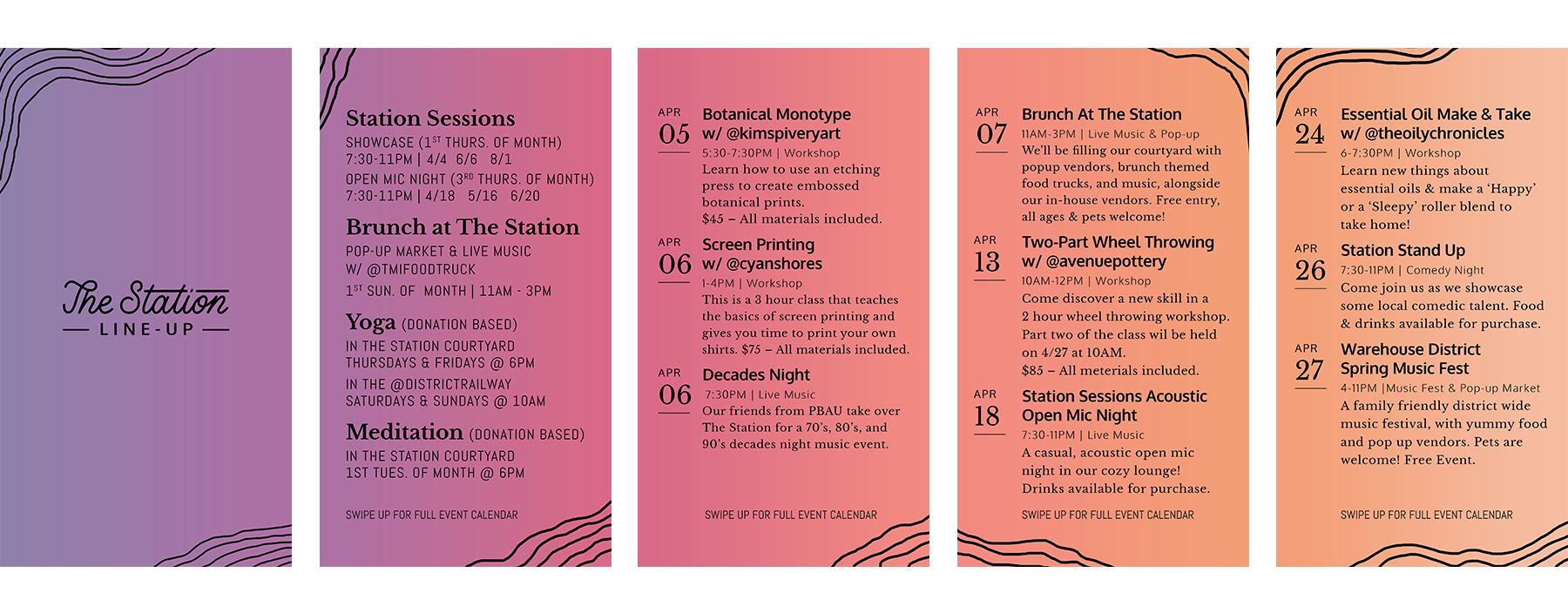 The Station Line-up designed for Instagram stories, showcasing different events happening throughout the month against a purple to peach gradient with abstract line work along the edges.