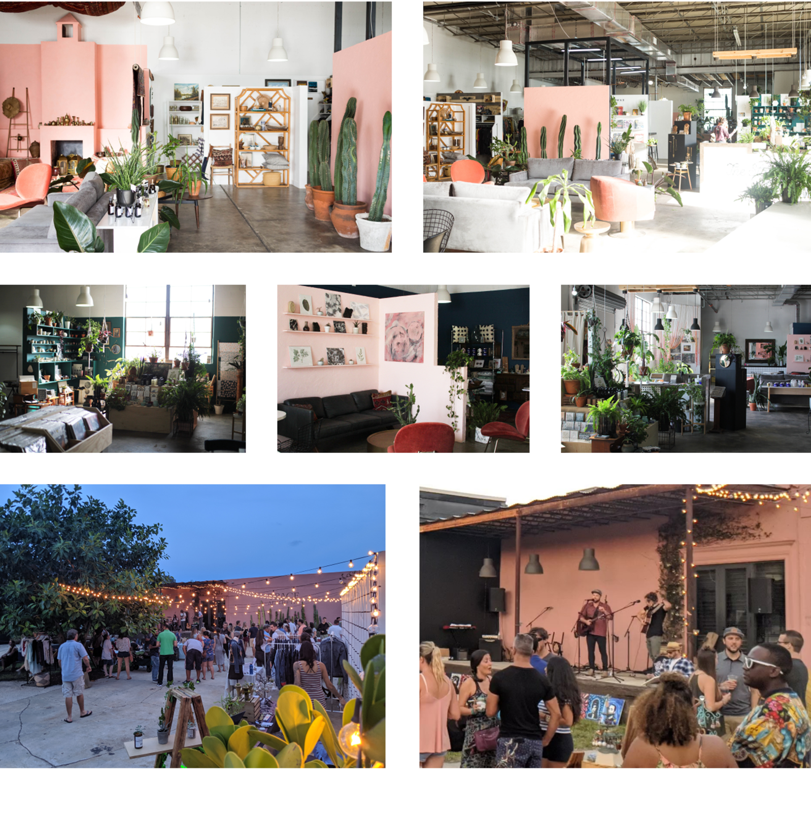 Collage of Elizabeth Ave Station interior retail floor with lush plants, colorful installations, record shop, lounge area and outdoor courtyard area during their music festivals and pop-up events.