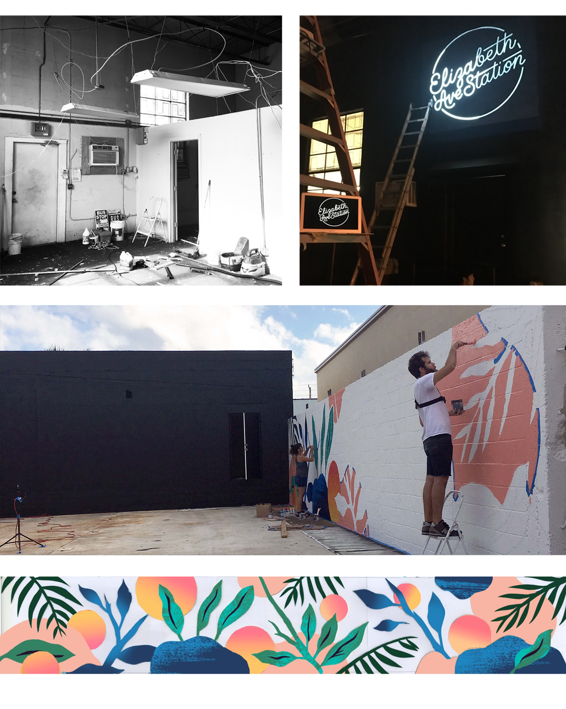 A collage of a black & white image of the interior room of an old warehouse, a ladder next to a projected logo about to be painted, a muralist paints a botanical scene in West Palm Beach, and concept artwork for Elizabeth Ave Stations courtyard mural