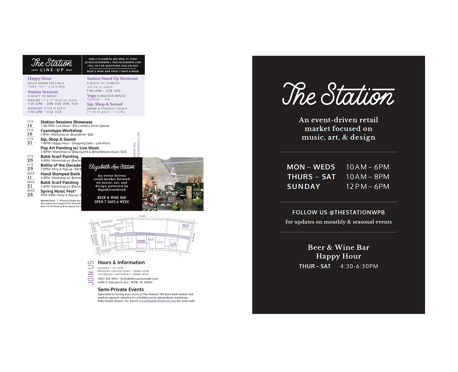 Printed flyer for Elizabeth Ave Station's upcoming and repeat events and a poster showing The Station logo, their tagline and hours of operation