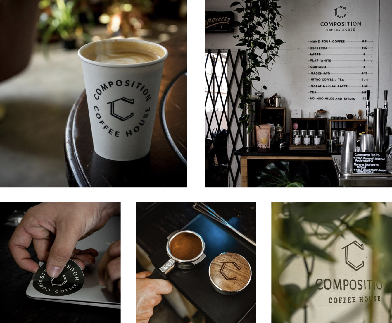 Collage of images showing off Composition Coffee's branding applied to paper coffee cups, wall menus, stickers and a coffee tamper.