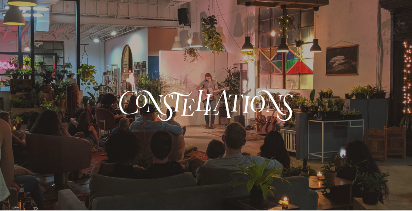 Logo design for Constellations, customized from a serif typeface. Placed over an image of an intimate music driven event with Jonny Himsel of A Song Catcher playing for a crowd inside of Elizabeth Ave Station in West Palm Beach Florida.