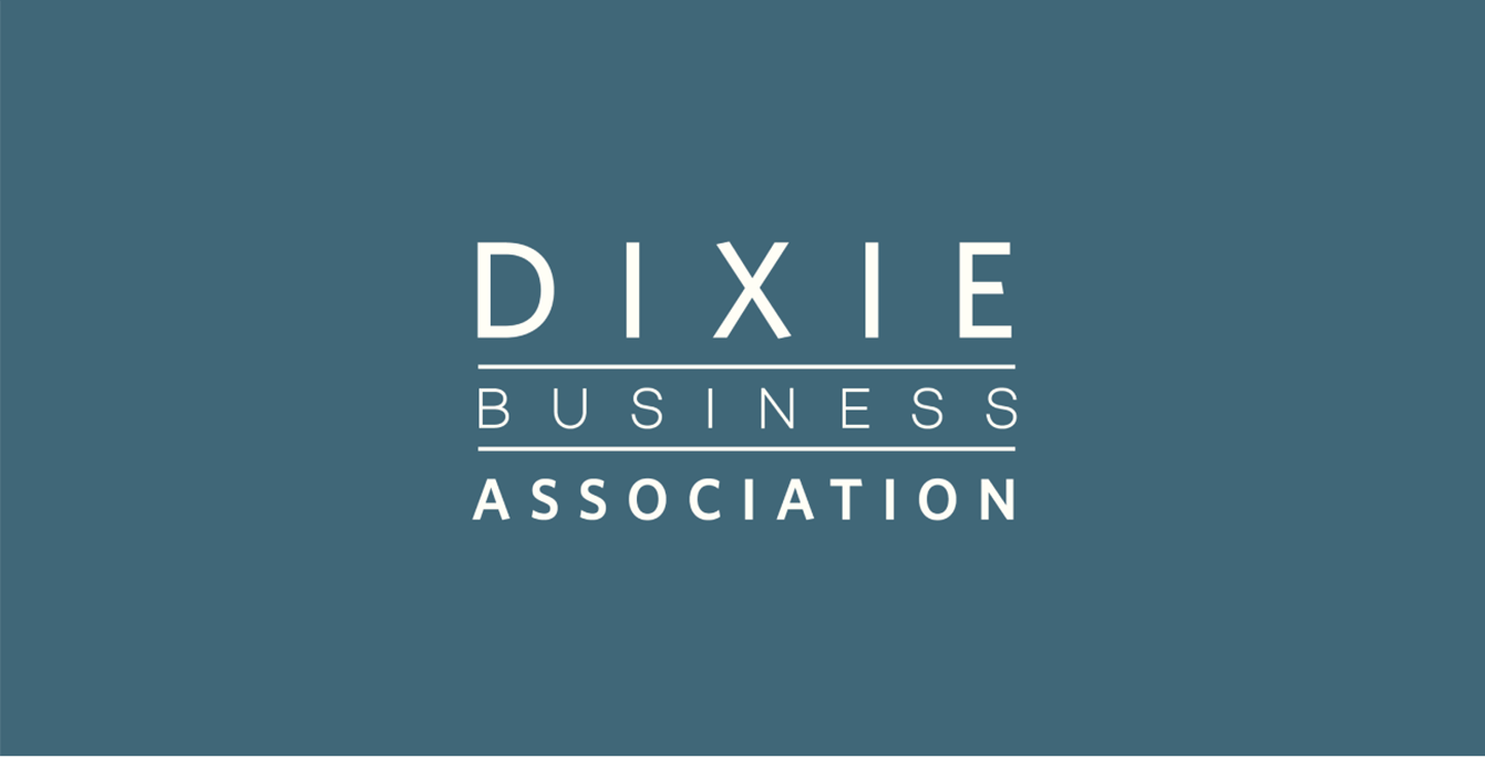 Dixie Business Association logo design in white, against a blue background using a minimal san serif.