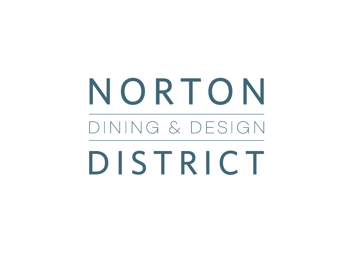 Logo variations of the Dixie Business Association's Norton District. Blue minimal san serif type reads Norton So-So District, Norton Antique Row District, and Norton Dining & Design District.