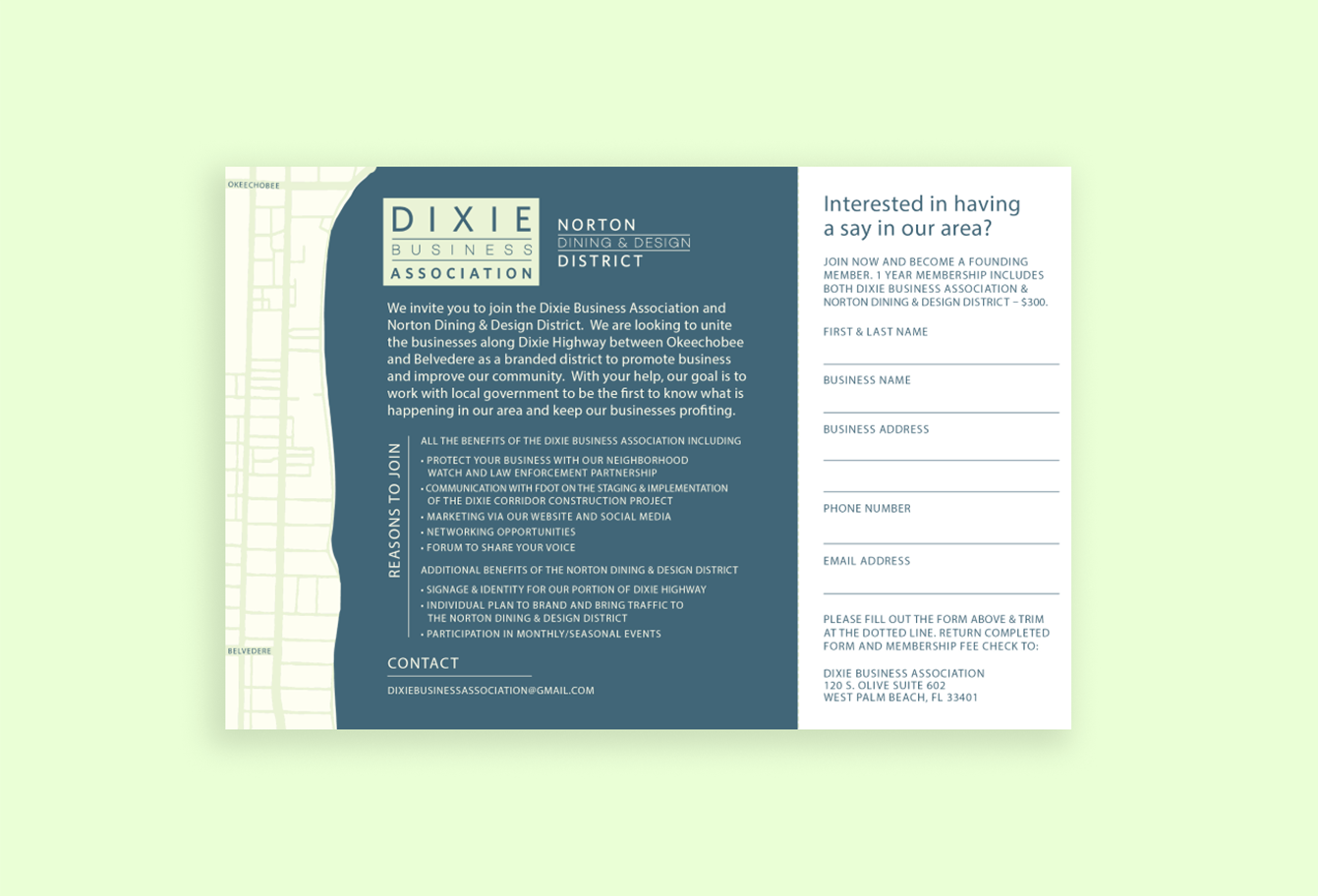 Flyer design for the Dixie Business Association featuring a map of the area, information about their association as well as details on how to join, and a form to fill out and mail back.