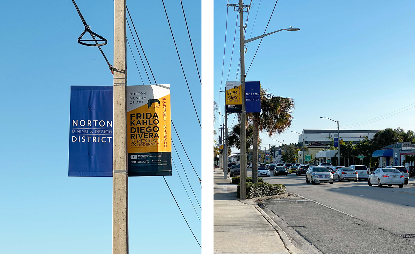 Pole banners showing off the Dixie Business Associations logo for Norton Dining & Design District on Dixie Highway, West Palm Beach.