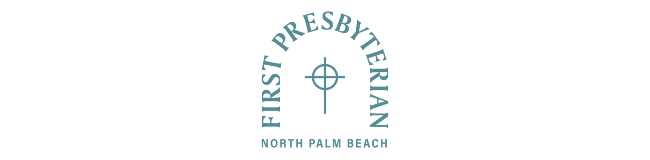 A light blue logo with the words First Presbyterian Church in a bold serif typeface creating an arch, in the center a simple cross and circle linework illustration. Underneath in a san serif typeface reads North Palm Beach.