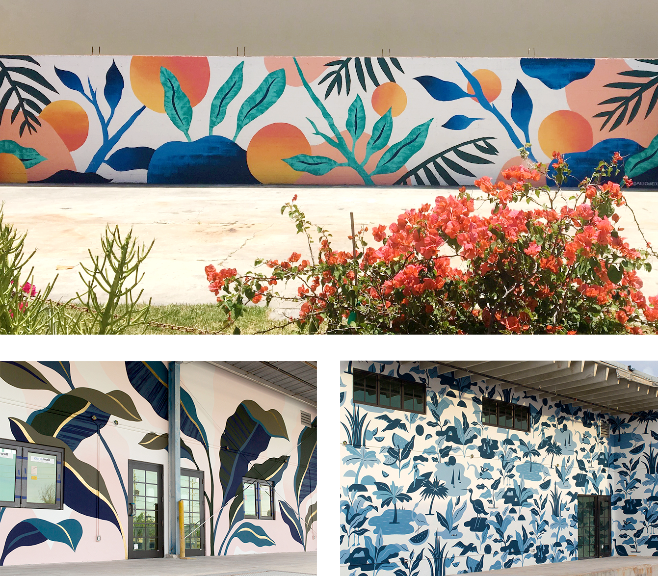 Collage of murals done by Melissa Deckert, that Gather & Seek assisted, including abstract botanical scenes for Elizabeth Ave Station and Grandview Public Market.