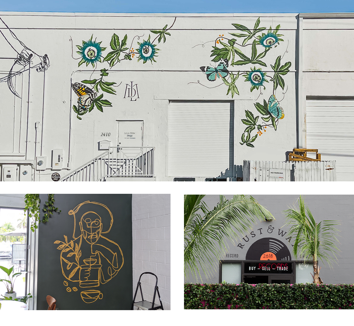 Collage of murals painted by Gather & Seek, including a botanical & butterfly scene for Lewis Miller Design, Composition Coffee's mascot, and storefront signage for Rust & Wax Record Shop.