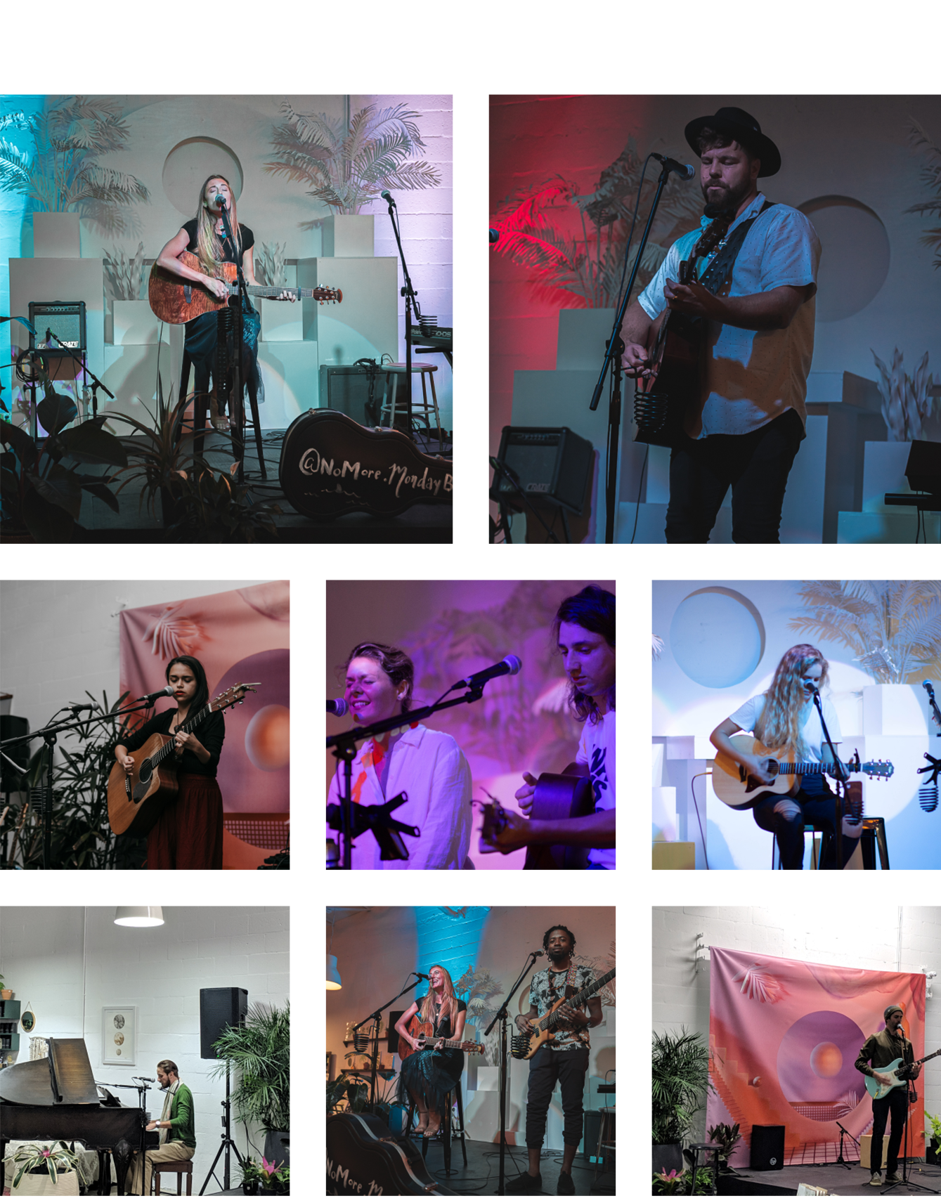 Collage of musicians performing at Station Session open mic night at The Station in West Palm Beach.