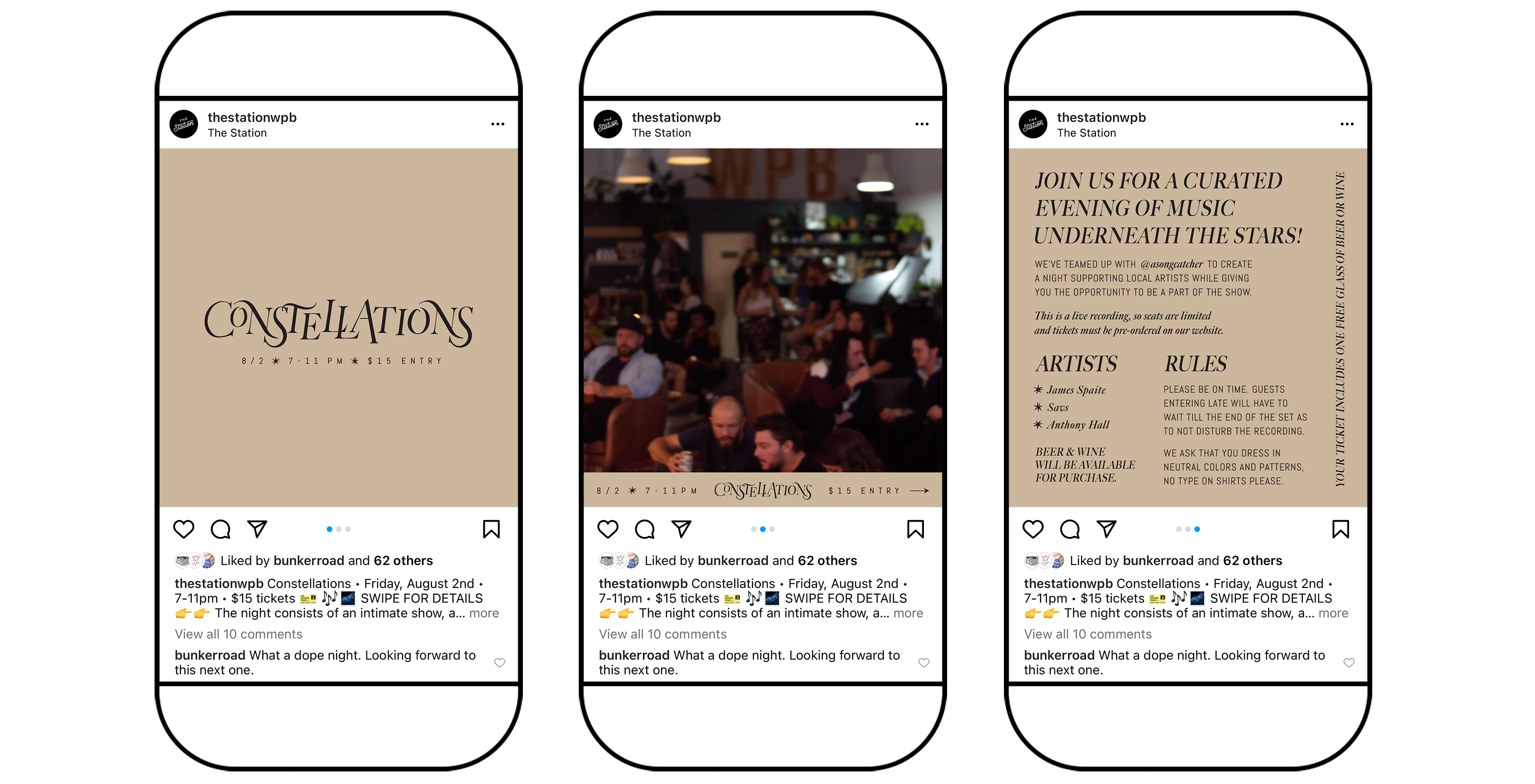 Instagram graphics for Elizabeth Ave Station's Constellations music event. It showcases Constellations logo in black against a light brown background, with additional slides including details for the event and imagery of the space.
