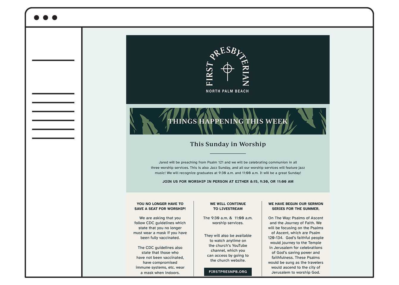Desktop newsletter for First Presbyterian Church, shows off the application of their type & color systems within their brand guidelines.