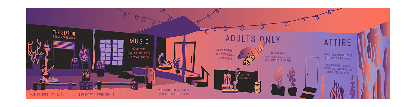Instagram carousel graphics created for Elizabeth Ave Station's Summer Cool Down event. Illustrations depict their courtyard, with animal characters hanging out in mini pools and drinking by the bar, colored with sunset-inspired gradients.