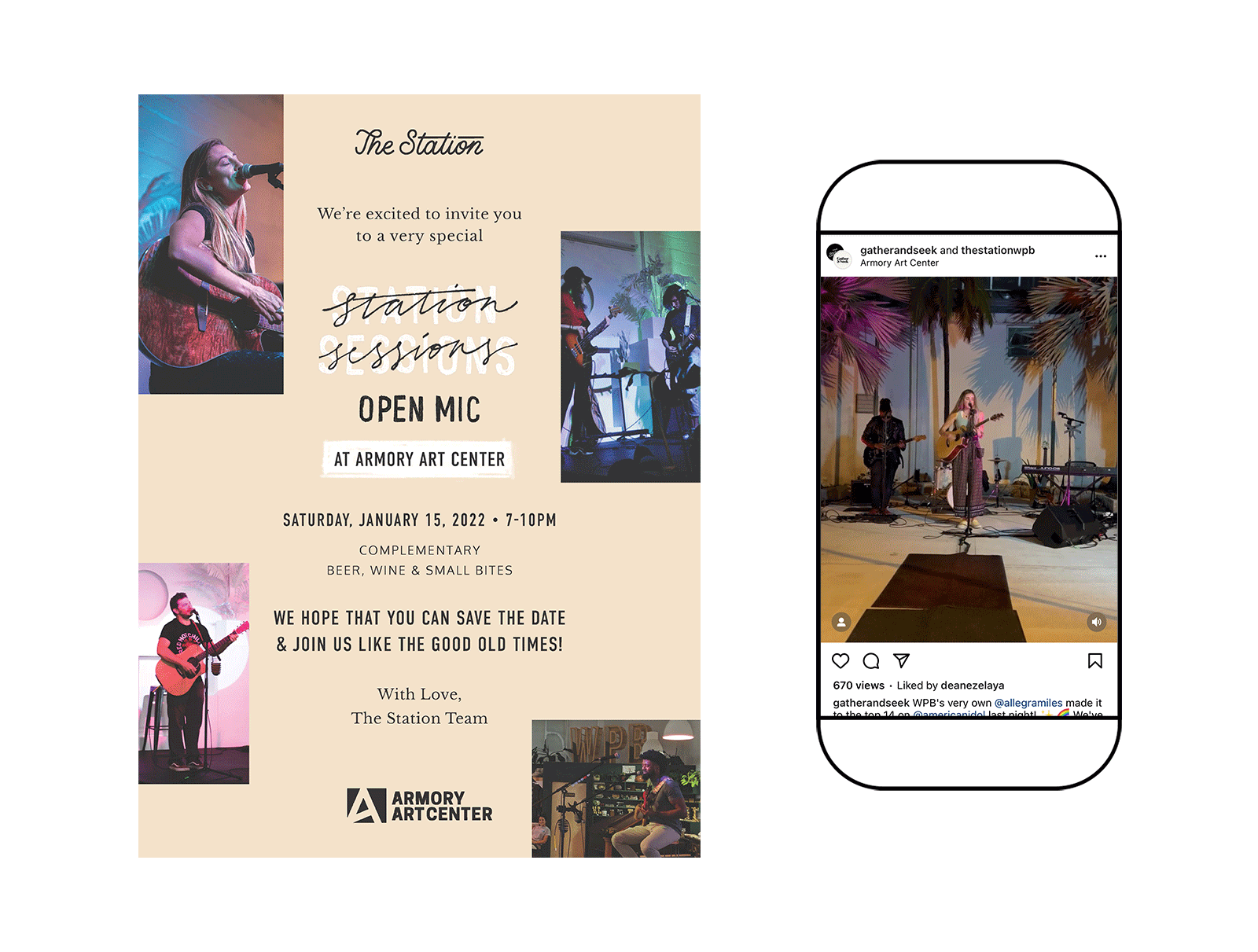 Invitation flyer design for Station Sessions open mic night at the Armory Art Center in West Palm Beach, next to a mobile mockup showing Gather & Seek and The Station's collaborated posts showcasing the musicians from the evening's event.