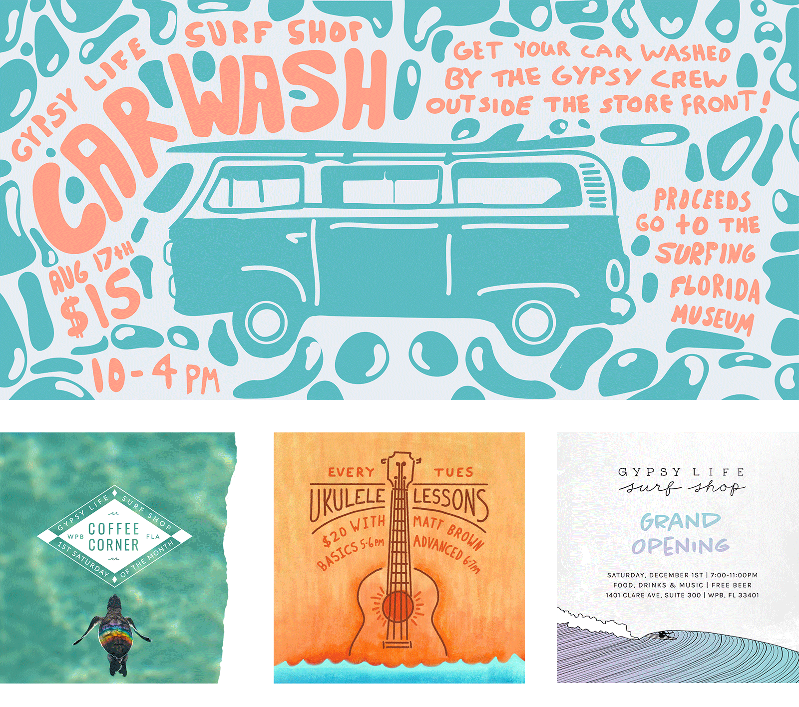 Colorful event graphics created for Gypsy Life Surf Shop in West Palm Beach, Florida. Events include their car wash, coffee corner, ukulele lessons, jam session, national surf day & father's day, and grand opening.