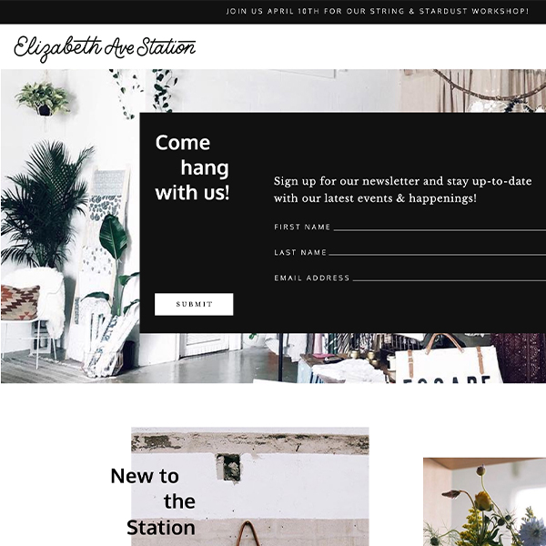 Desktop website mockups that showcase the homepage design for Elizabeth Ave Station.