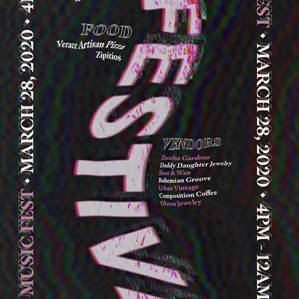 Social media graphic for Elizabeth Ave Station's Spring Music Festival event, showcases warped pink type on a grainy black background with vertical white serif type along the sides.