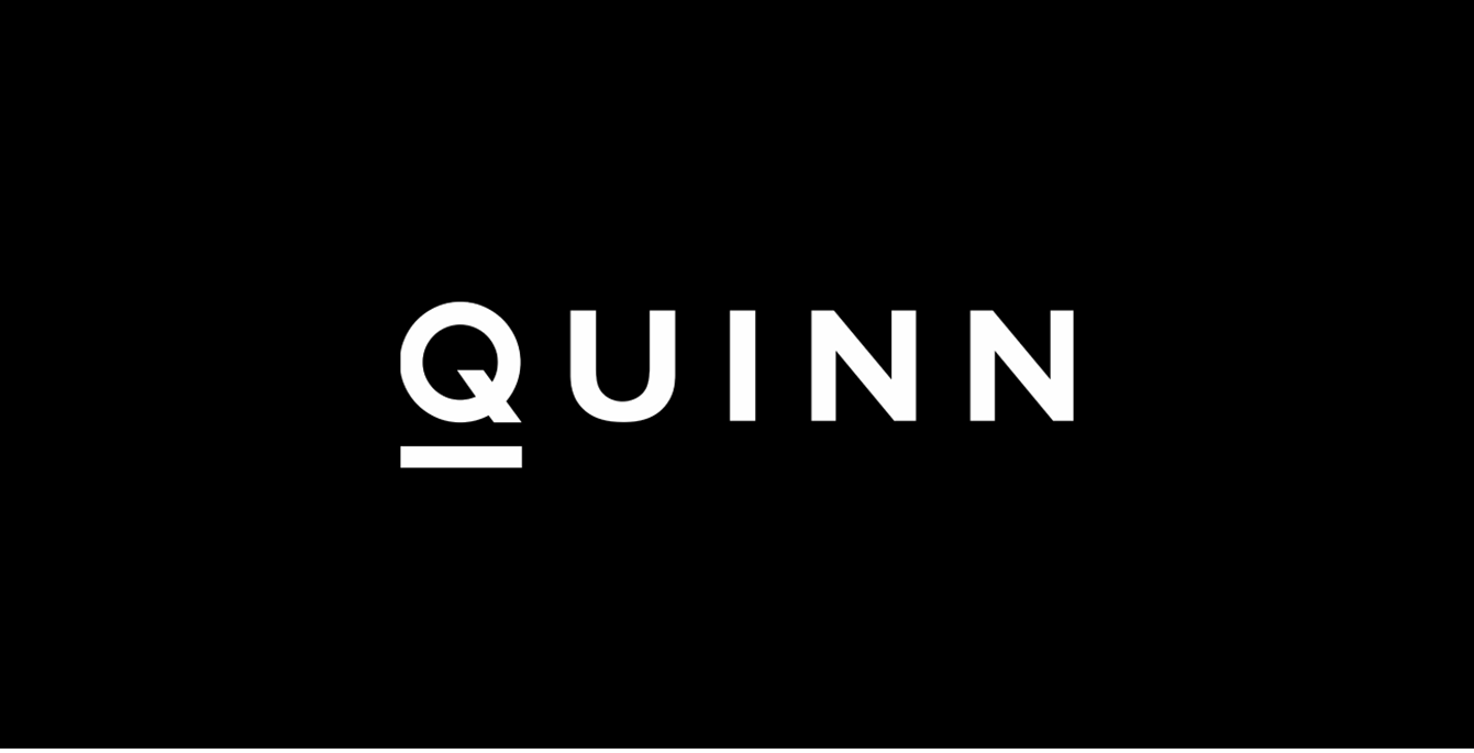 Logo design for Quinn, a local home goods & stationary boutique in West Palm Beach. Logo is shown in white type on a black background.
