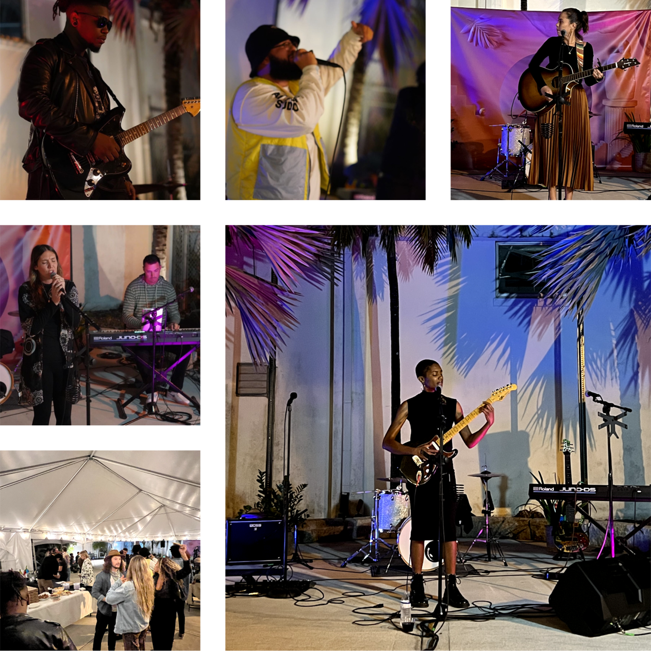 Collage of musicians performing at Station Session open mic night pop up at The Armory Art Center in West Palm Beach.