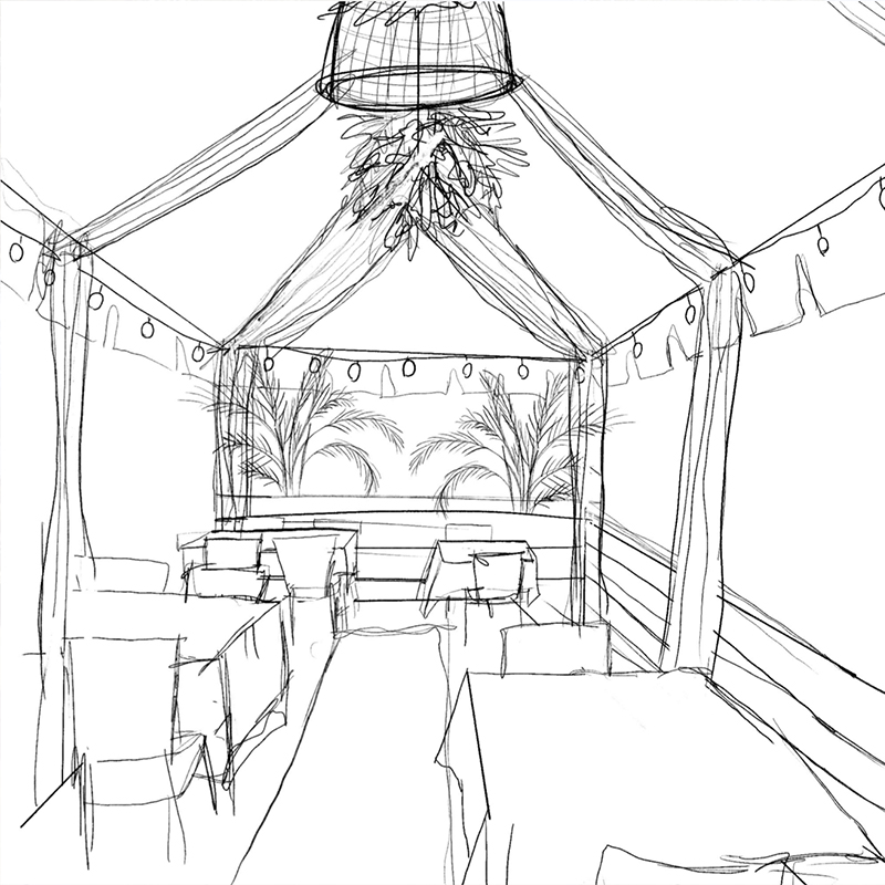 Rough concept sketches for Mesitizo Peruvian Cuisine's patio tent area, showing off wooden siding, palm trees, lighting, runner, and curtain additions to create a more inviting atmosphere.