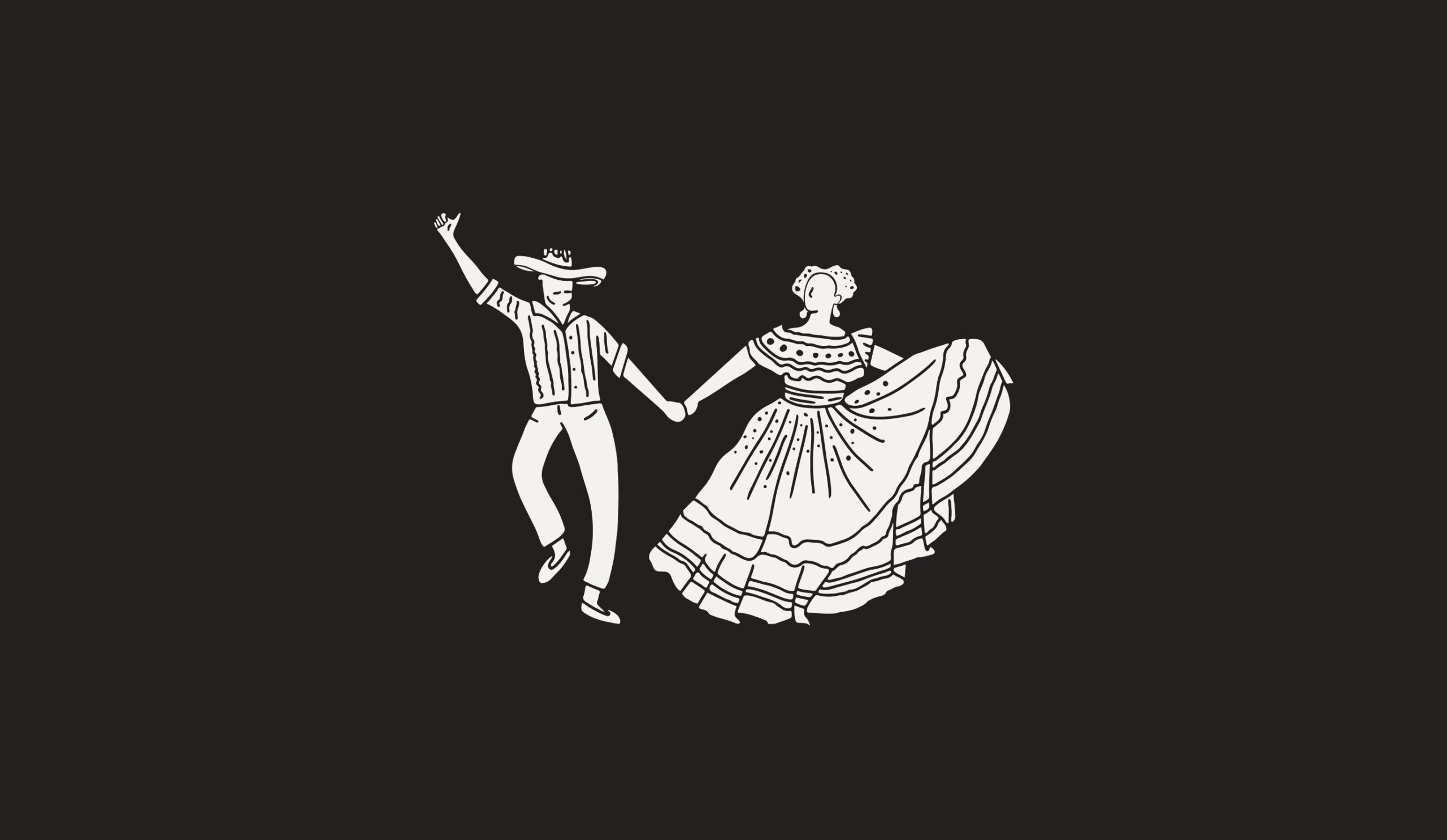 Black & white Illustration of two columbian dancers, one wearing a sombrero vueltiado, button up shirt & rolled up pants, while the other wears a traditional dress with a flowers in their hair.