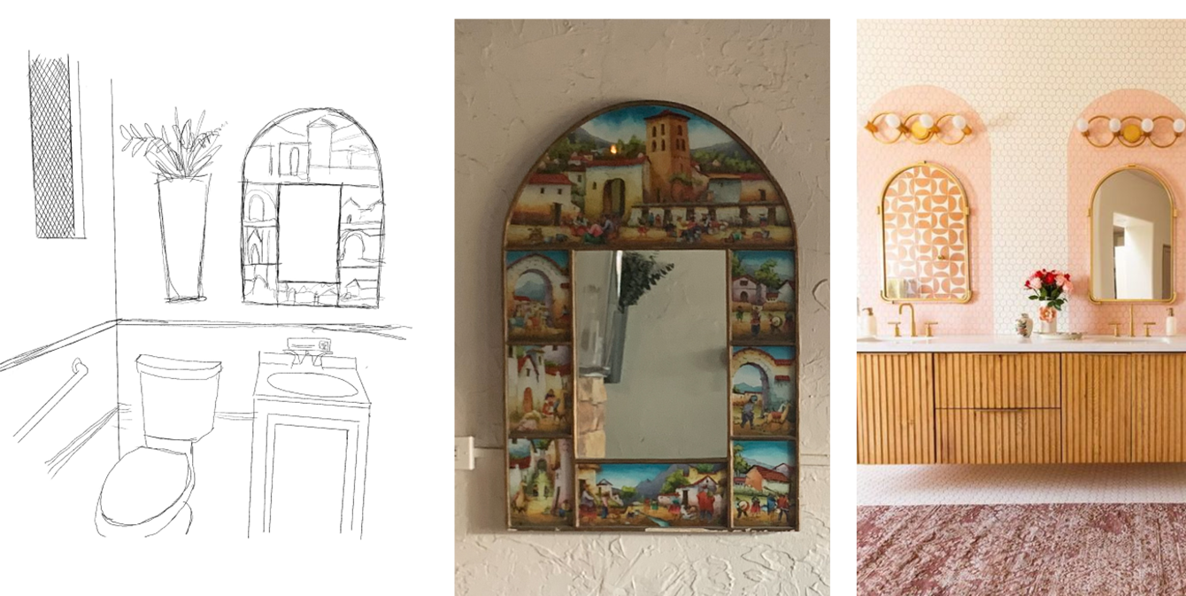 Rough concept sketches and an inspiration mood board for Mesitizo Peruvian Cuisine bathroom, showing off their historic arched mirror, colorful walls, and plant additions to create a unique atmosphere.