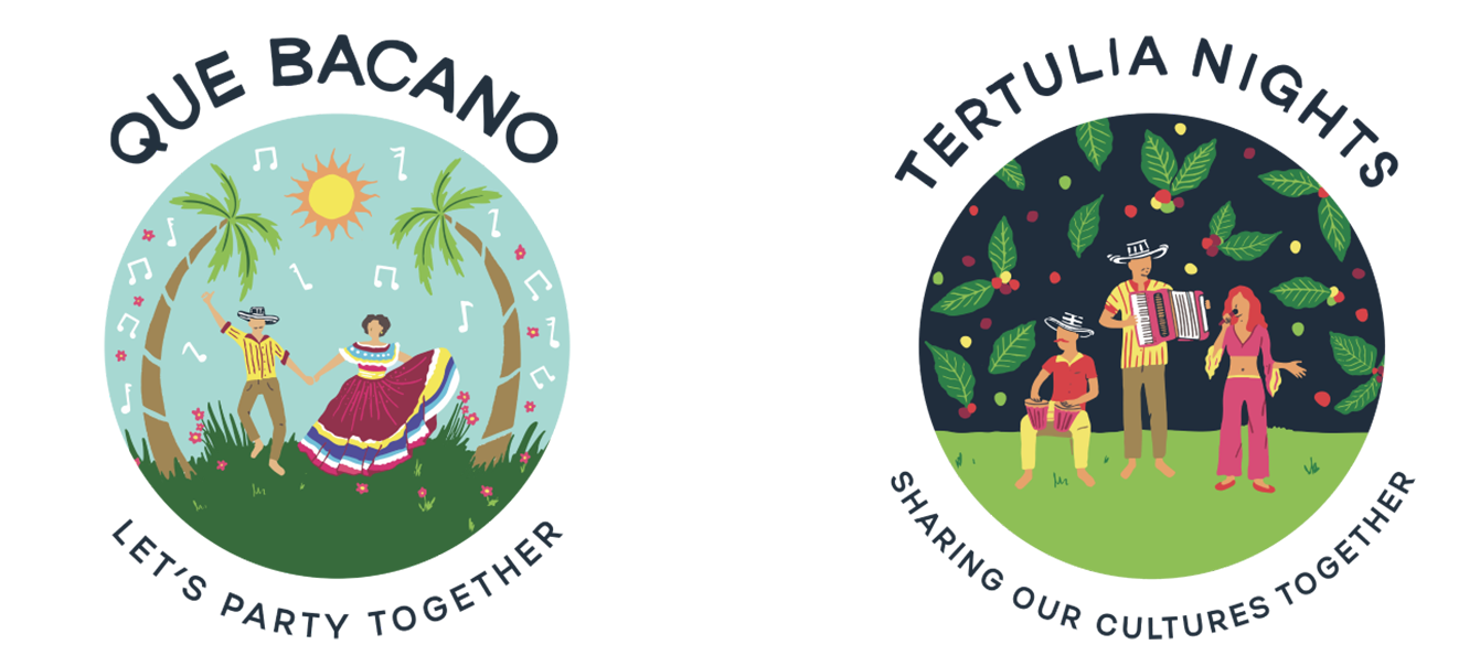 Circular illustrations depicting traditional columbian music and storytelling events. Illustration of 3 Musicians with text "Tertulia Nights, Sharing Our Cultures Together", and a dancing couple with text "Que Bacano, Let's Party Together"