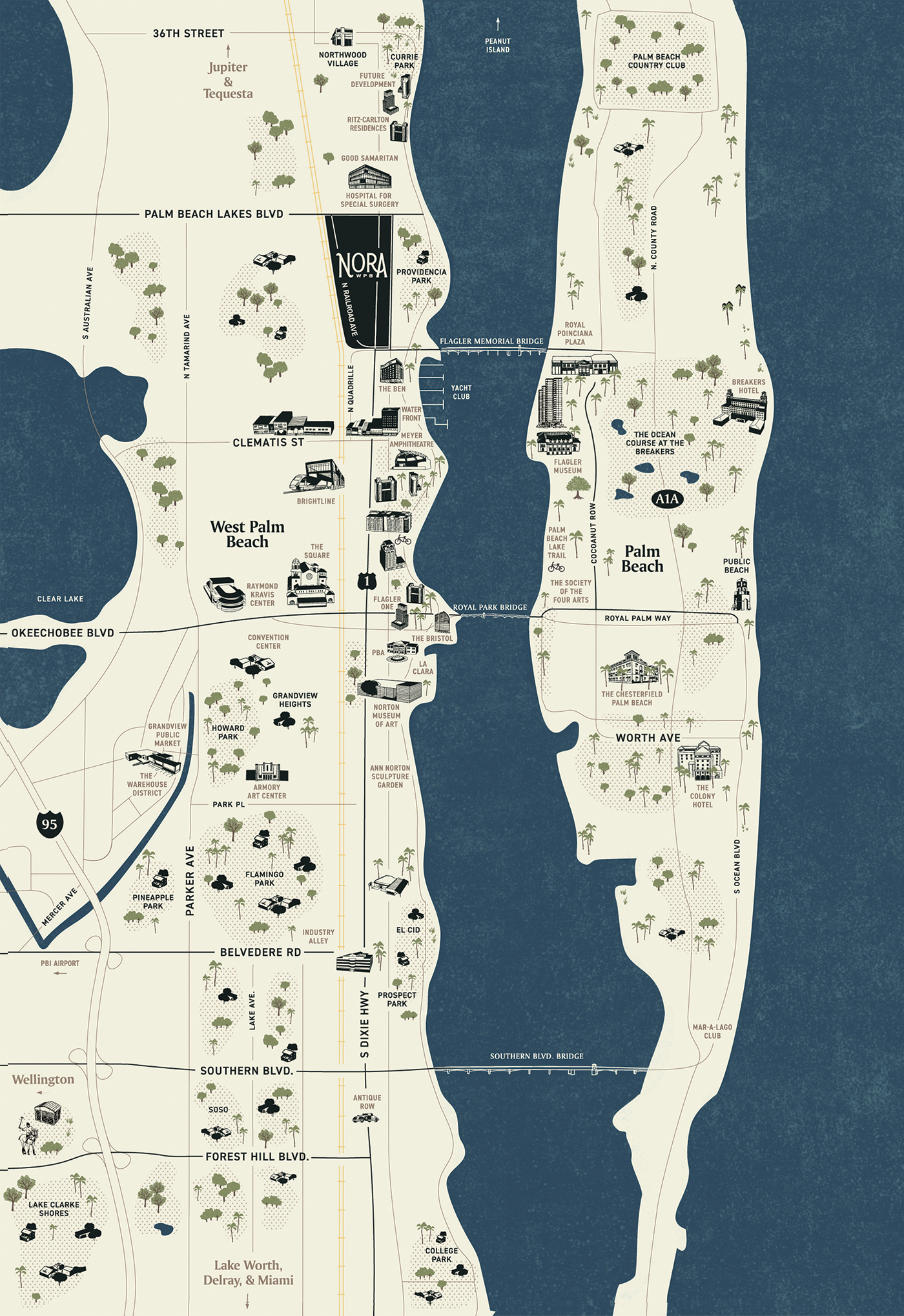 Illustrative map of West Palm beach and the surrounding area, designed for NORA. Custom illustrations of local landmarks are shown, on a cream and navy minimalistic map layout.