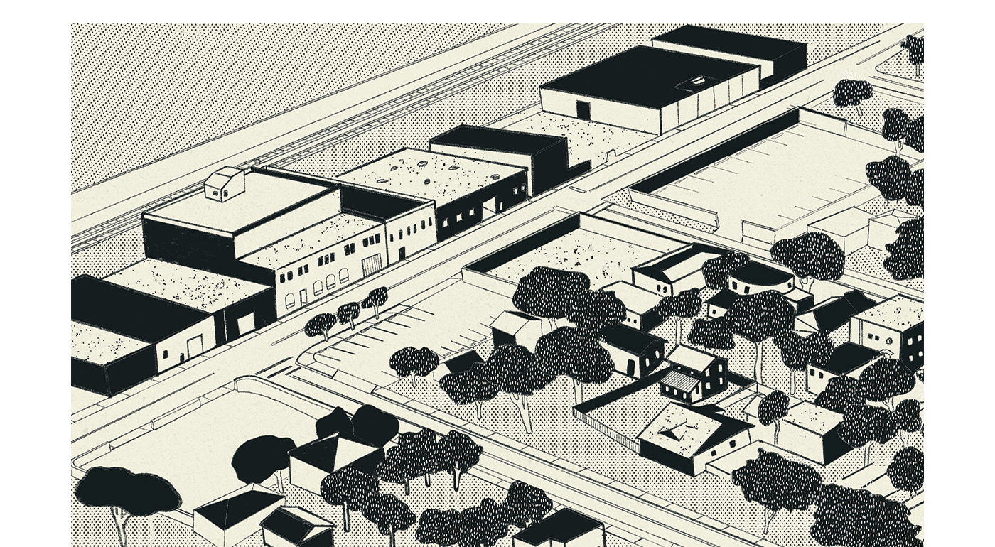 Cream & off black illustration of a bird eye's view of the NORA project, showing the main strip of warehouses & surrounding neighborhood and greenery.