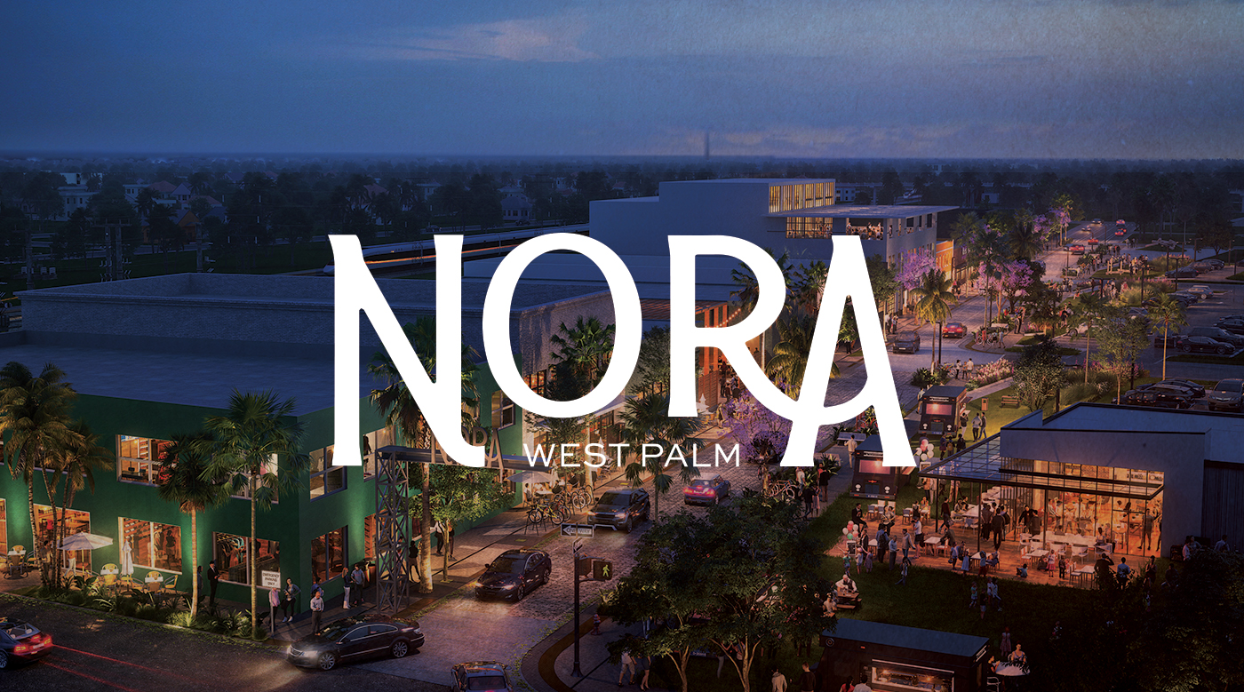 NORA logo on top of a rendering of the NORA development in West Palm Beach showing a night city scape including cars driving on the road, palm trees, warehouses, and signage above the main road which reads "NORA".