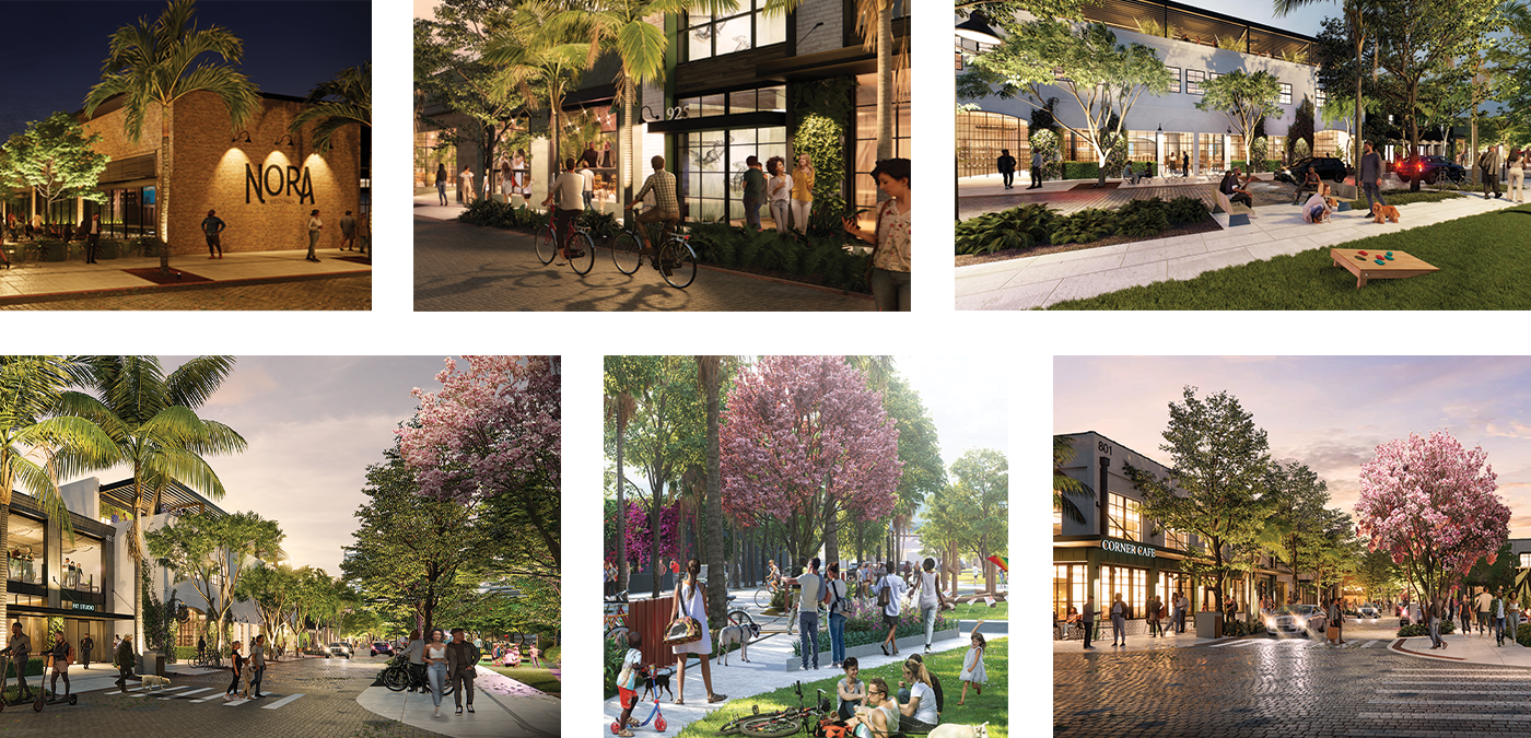 Gallery of image renderings of Nora West Palm Beach future development. Images show people hanging out in the area, walking dogs, riding bikes, shopping, and enjoying the atmosphere.